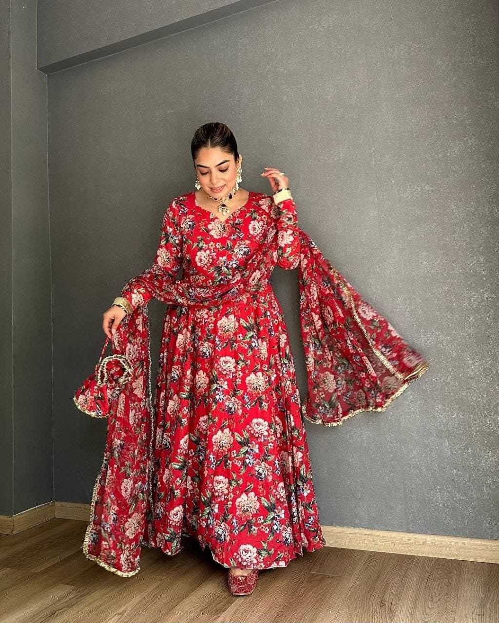 Ynf Georgette RIN157 212 Gowns Plus Size Collections Wholesale Printed Gowns Georgette Gown Red Gown Manufacturer- Kapda Export