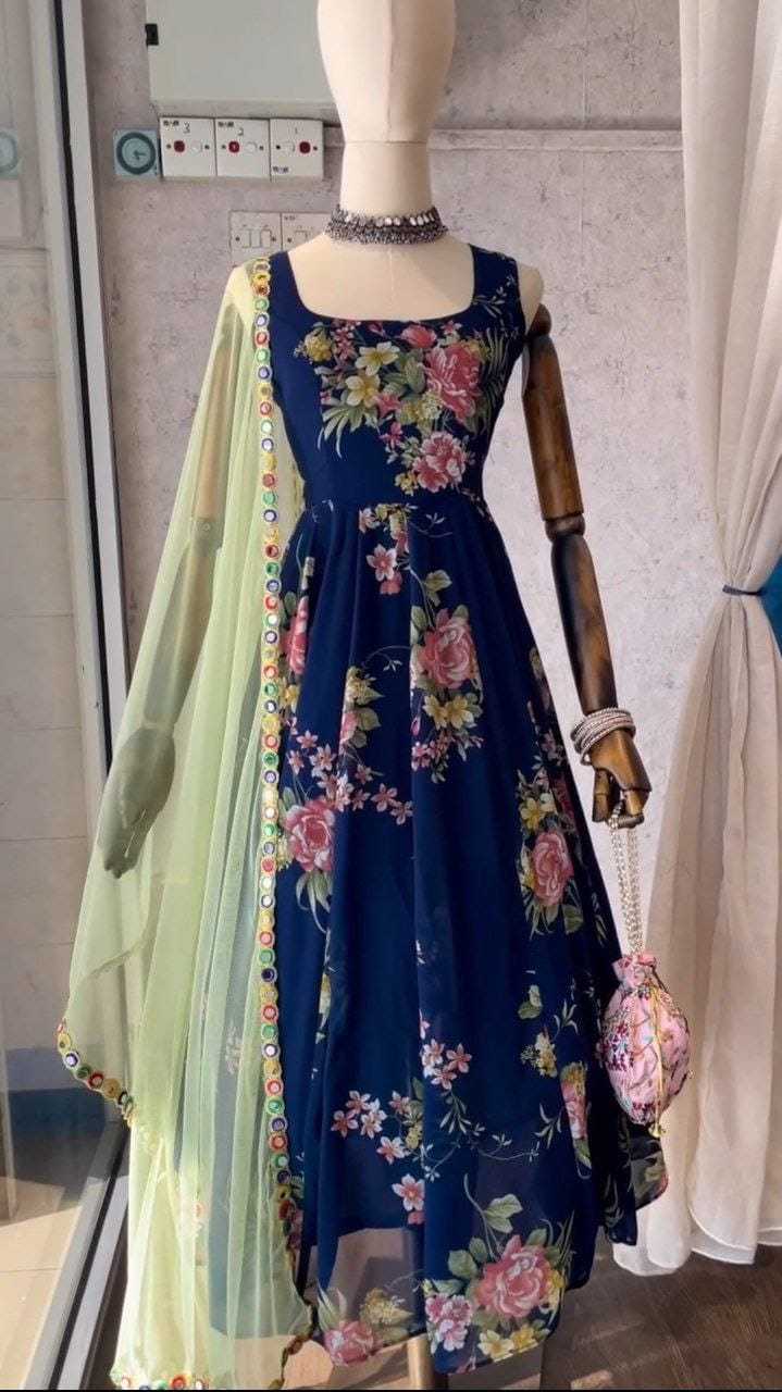 Ynf Georgette RIN157 221 Gowns Plus Size Collections Wholesale Party Gowns Georgette Gown Blue Gown Manufacturer- Kapda Export