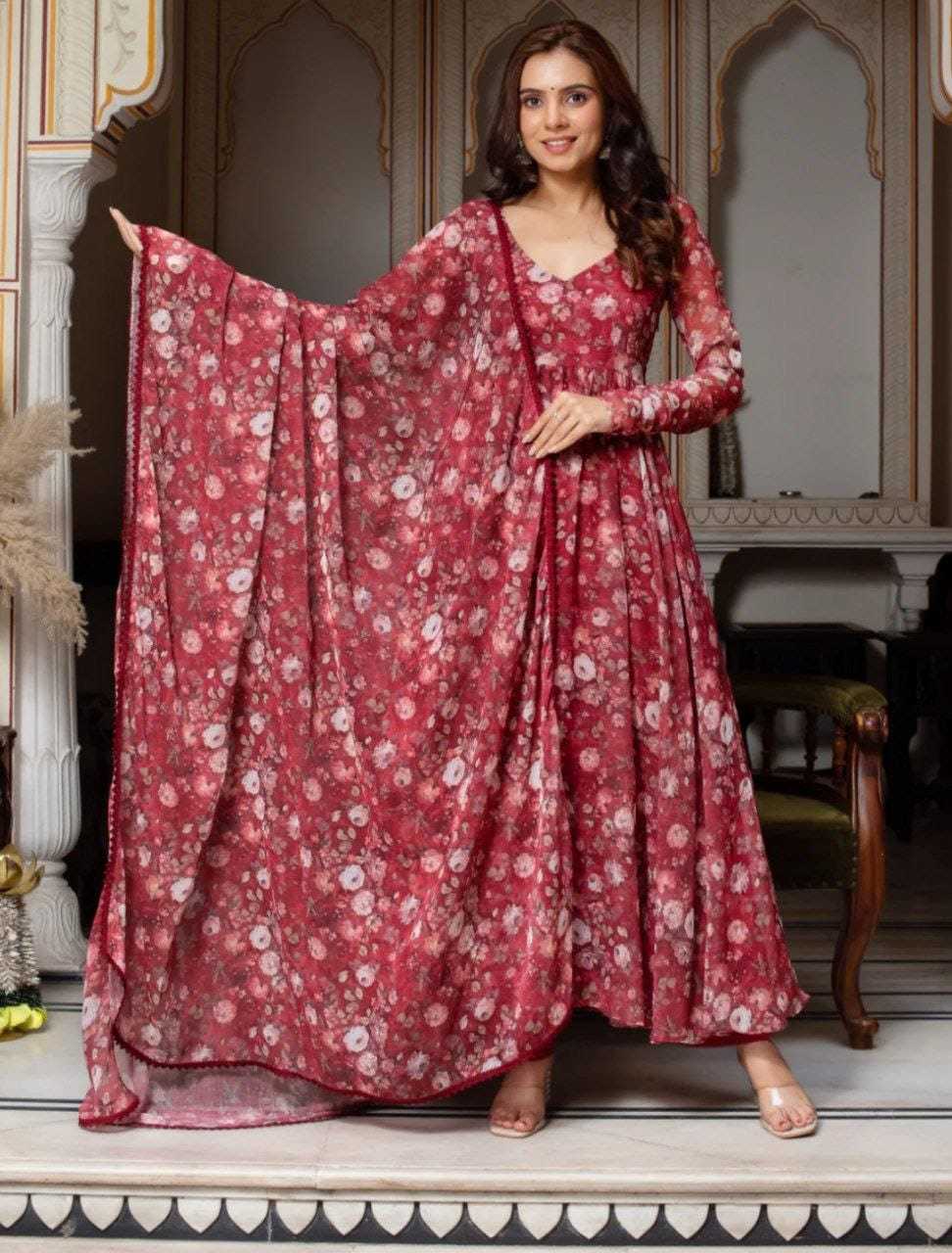Ynf Georgette RIN157 226 Gowns Plus Size Collections Wholesale Printed Gowns Georgette Gown Maroon Gown Manufacturer- Kapda Export