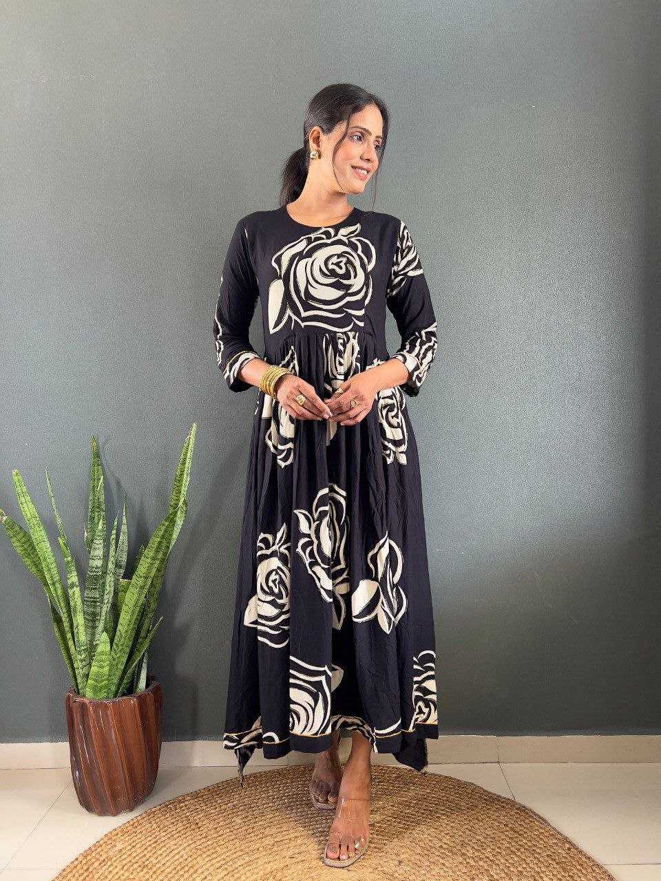 Ynf Rayon KESH554 Black Gowns Wholesale Floral Print Gowns Manufacturer- Kapda Export