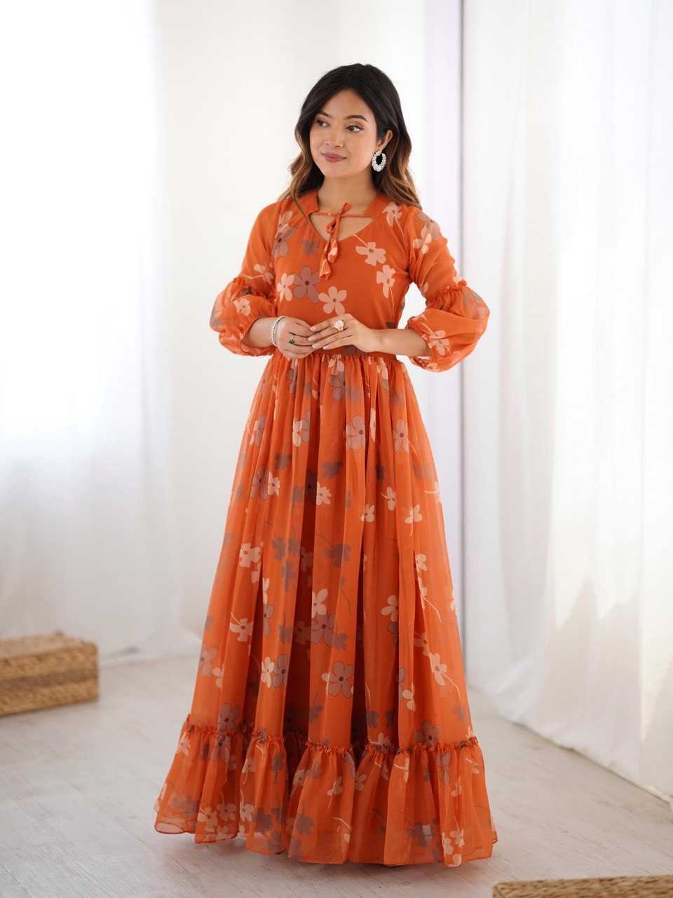 Ynf Faux Georgette KESH175 Orange Safari Gowns Wholesale Georgette Gown Designer Gowns Floral Print Gowns Manufacturer- Kapda Export