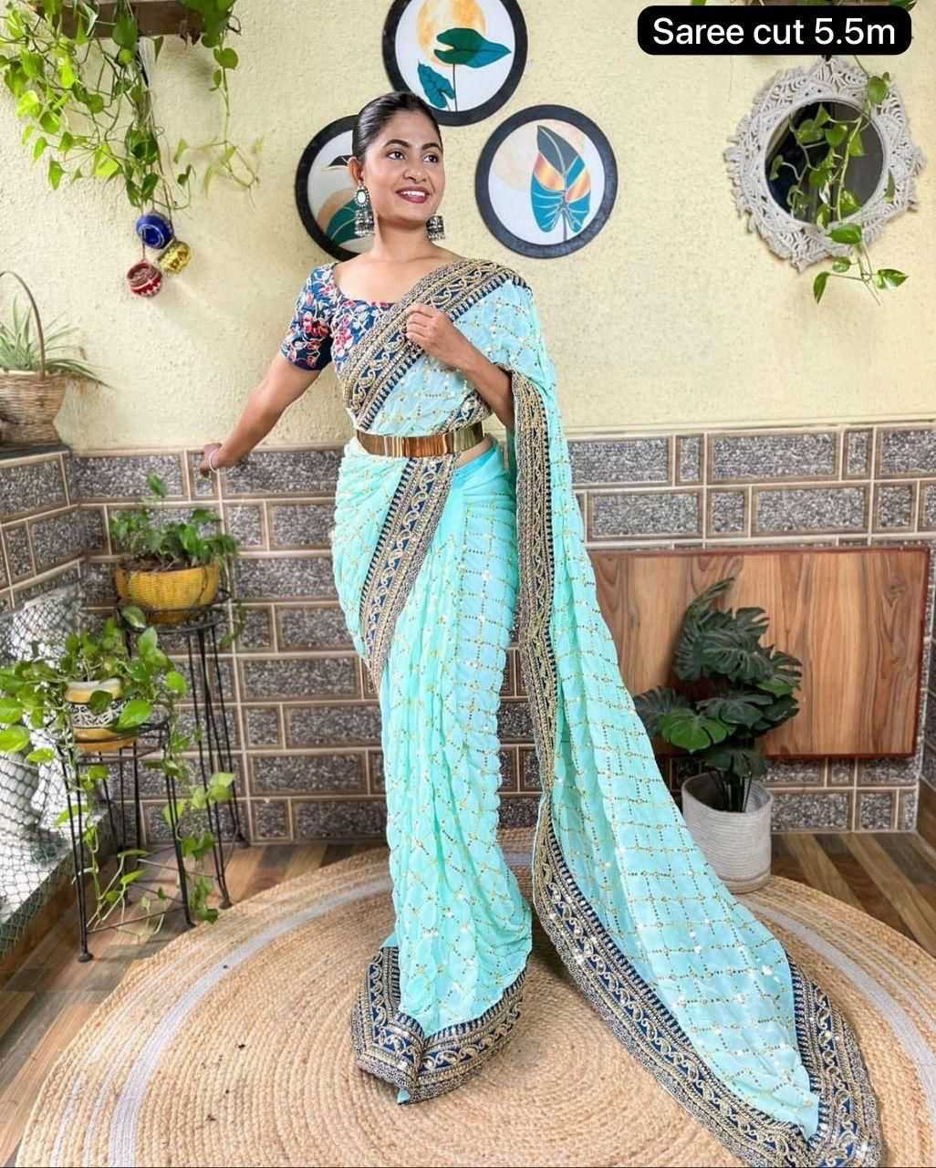 Ynf Georgette RIN134 0155 Sarees Wholesale Georgette Sarees Embroidered Sarees Blue Sarees Manufacturer- Kapda Export