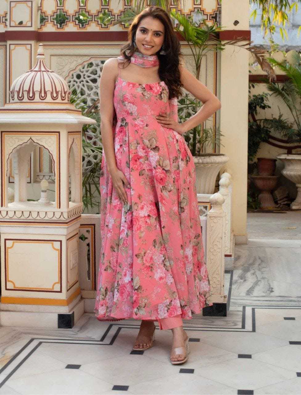 Ynf Georgette RIN157 01 Gowns Plus Size Collections Wholesale Printed Gowns Georgette Gown Pink Gown Manufacturer- Kapda Export