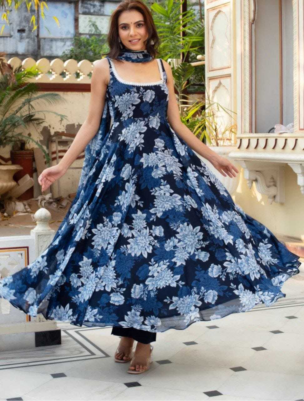Ynf Georgette RIN157 03 Gowns Plus Size Collections Wholesale Printed Gowns Georgette Gown Blue Gown Manufacturer- Kapda Export