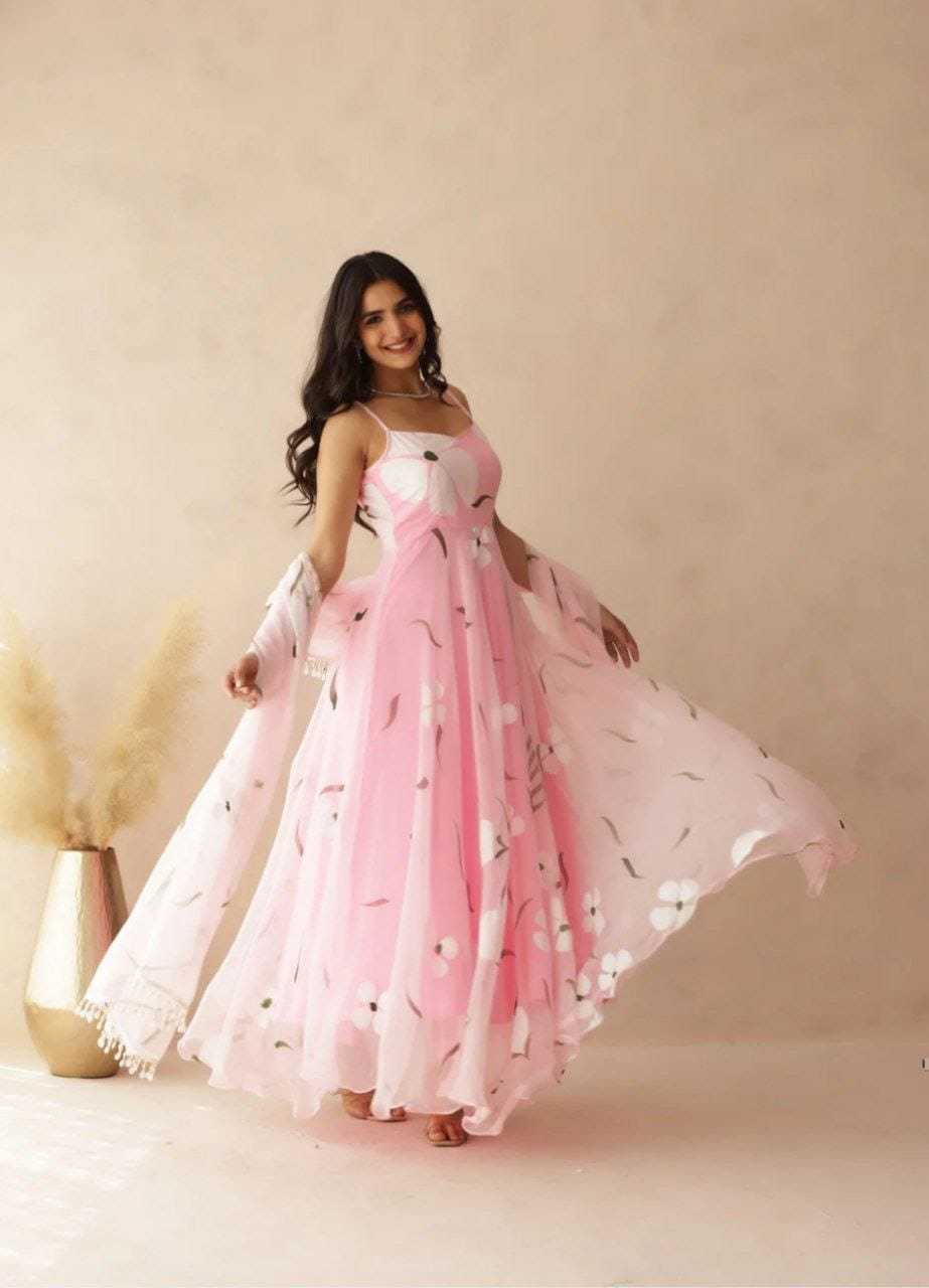 Ynf Georgette RIN157 05 Gowns Plus Size Collections Wholesale Printed Gowns Georgette Gown Pink Gown Manufacturer- Kapda Export