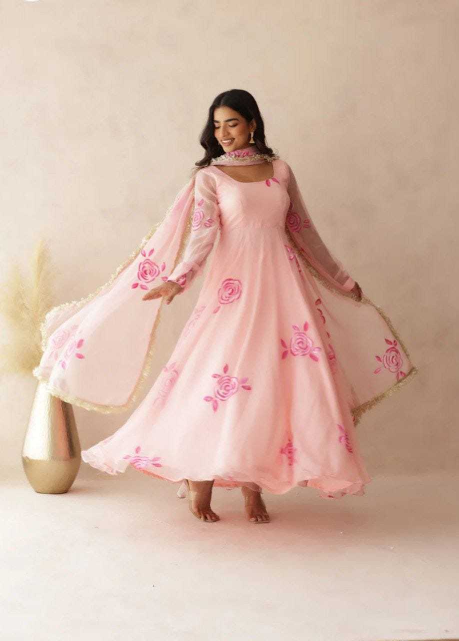 Ynf Georgette RIN157 07 Gowns Plus Size Collections Wholesale Printed Gowns Georgette Gown Pink Gown Manufacturer- Kapda Export