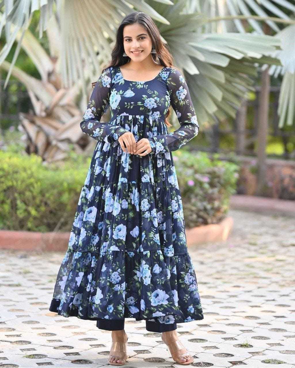 Ynf Georgette RIN157 23 Gowns Plus Size Collections Wholesale Printed Gowns Georgette Gown Blue Gown Manufacturer- Kapda Export