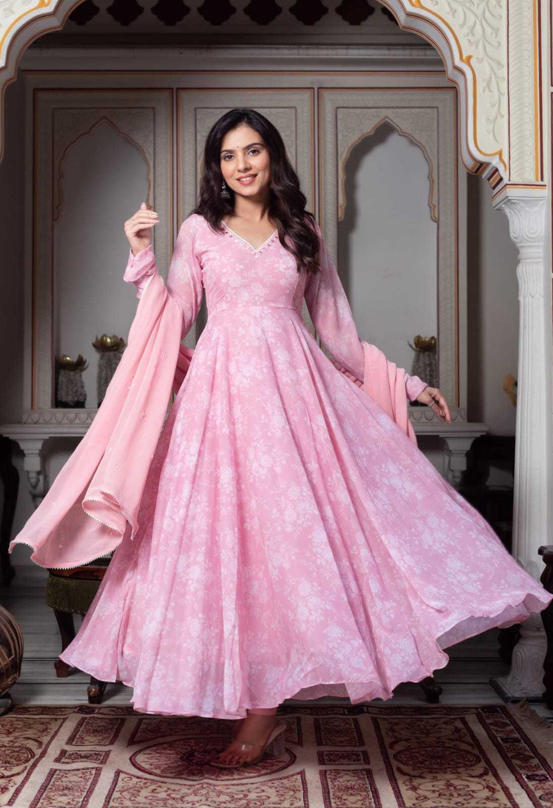 Ynf Georgette RIN157 29 Gowns Plus Size Collections Wholesale Printed Gowns Georgette Gown Pink Gown Manufacturer- Kapda Export