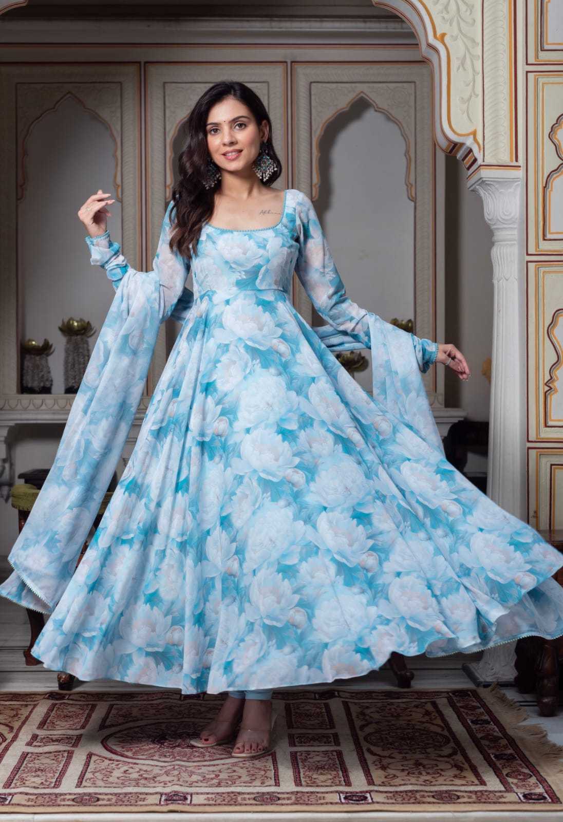 Ynf Georgette RIN157 31 Gowns Plus Size Collections Wholesale Printed Gowns Georgette Gown Blue Gown Manufacturer- Kapda Export