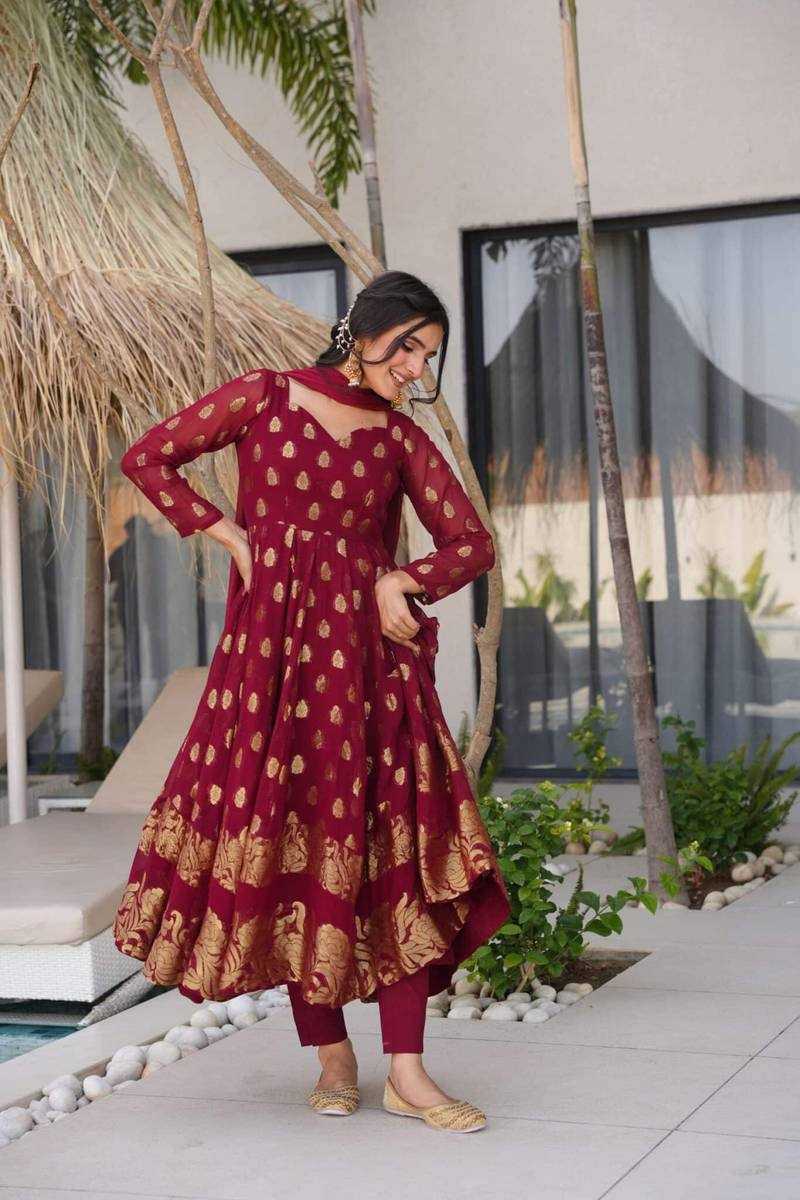 Ynf Jacquard RIN162 5908 Gowns Wholesale Fancy Gowns Anarkali Gown Maroon Gown Manufacturer- Kapda Export