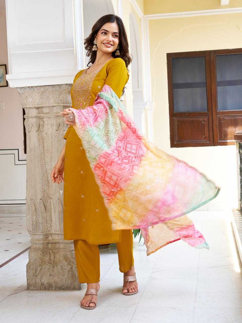 Ynf Viscose Chanderi KESH595 RUHEE Kurti Wholesale Fancy Kurti Embroidered Kurtis Yellow Kurtis Manufacturer- Kapda Export