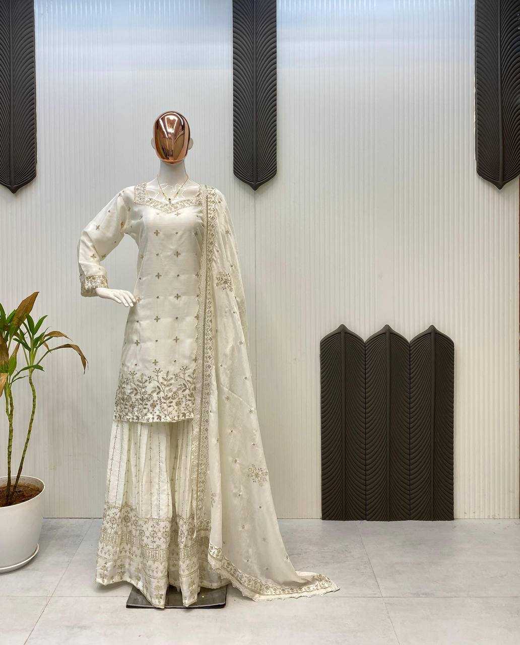 Ynf Chinon RIN141 1998 Suits & Dresses Wholesale Sharara Salwar Suits Embroidery Suits White Salwar Suit Manufacturer- Kapda Export