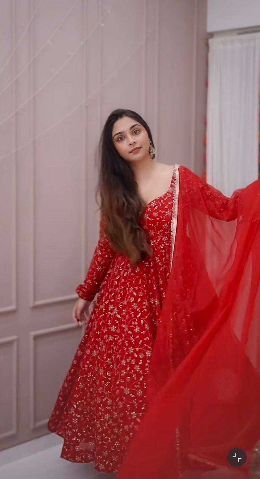 Ynf Georgette KESH523 085 Gowns Wholesale Embroidery Gowns Anarkali Gown Red Gown Manufacturer- Kapda Export