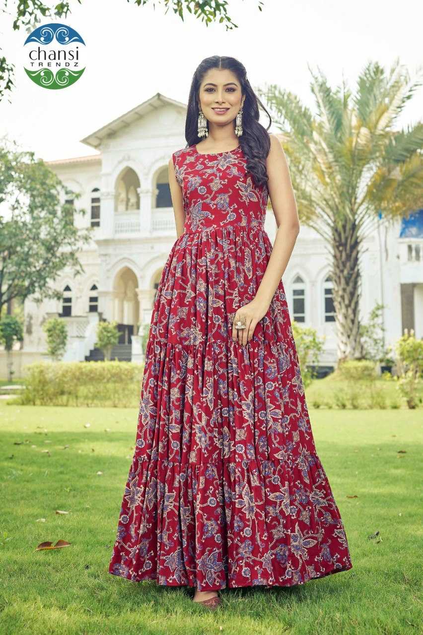 Ynf Reyon Cotton KESH530 Chansi KANTI Gowns Wholesale Printed Gowns Fancy Gowns Long Gowns Sleeveless Gowns Manufacturer- Kapda Export