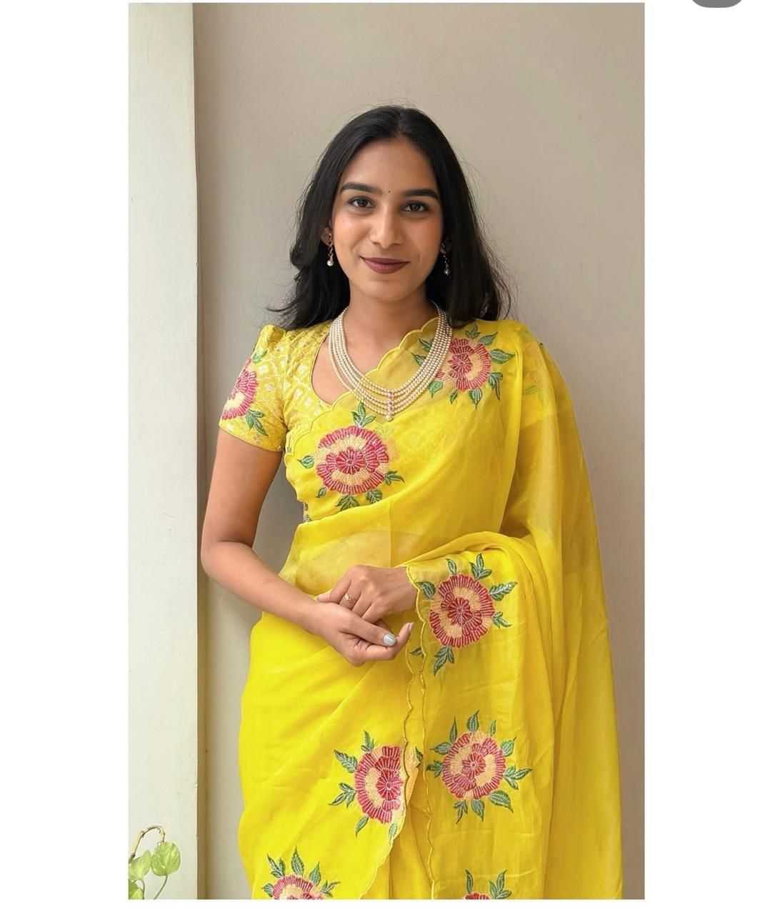 Ynf Chinon KESH622 HIRVA Sarees Wholesale Fancy Sarees Embroidered Sarees Yellow Sarees Manufacturer- Kapda Export