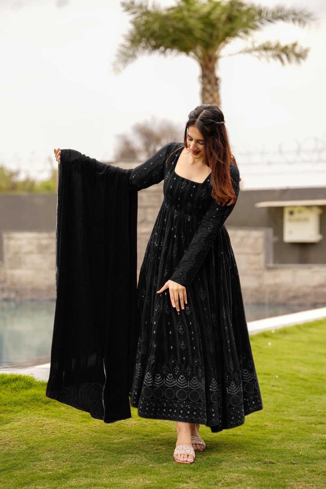 Ynf Georgette KESH334 Salsa Gowns Wholesale Embroidery Gowns Georgette Gown Black Gown Manufacturer- Kapda Export