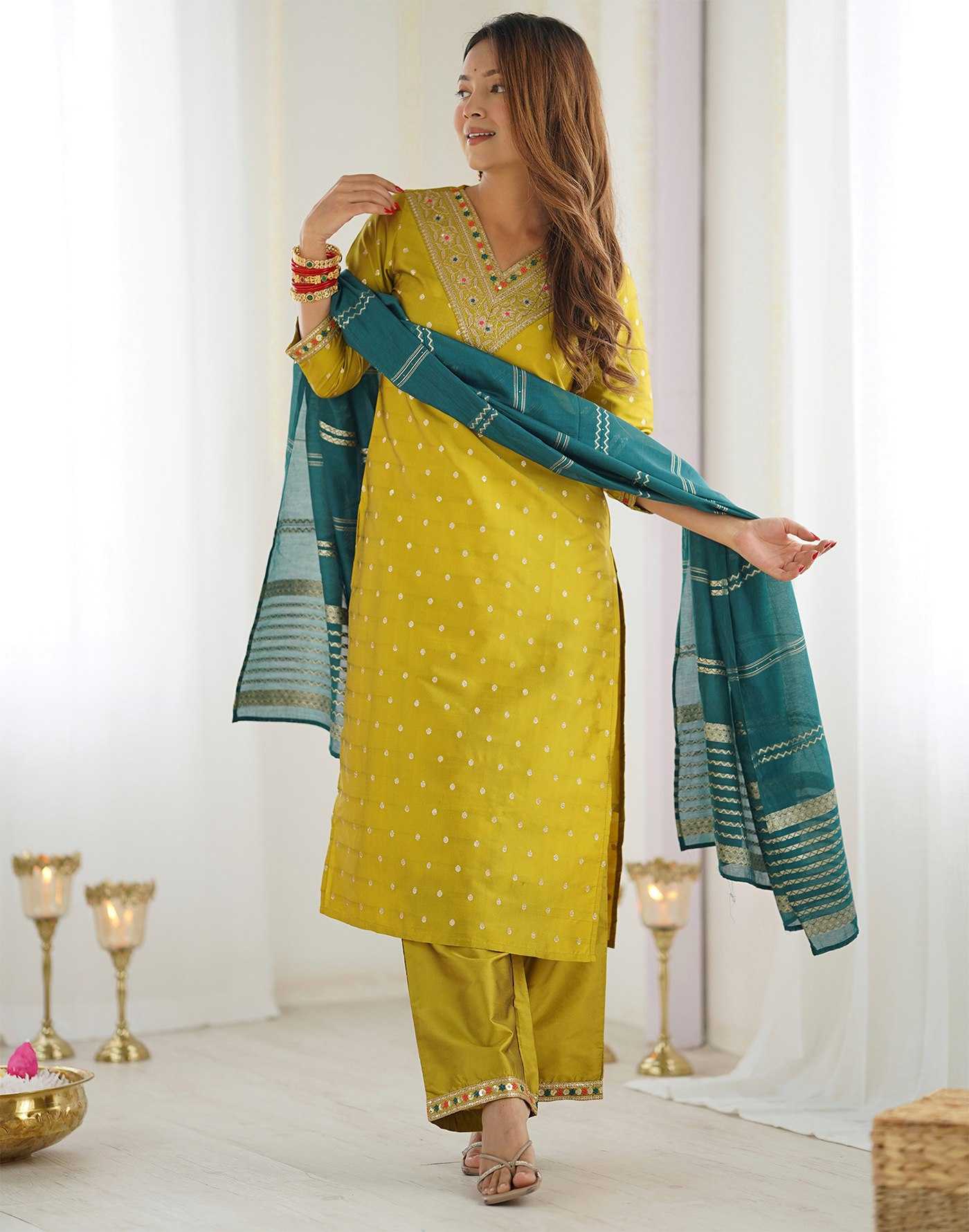 Ynf Jacquard KESH334 Kasturi Suits & Dresses Wholesale Embroidery Suits Party wear suits Yellow Salwar Suit Manufacturer- Kapda Export