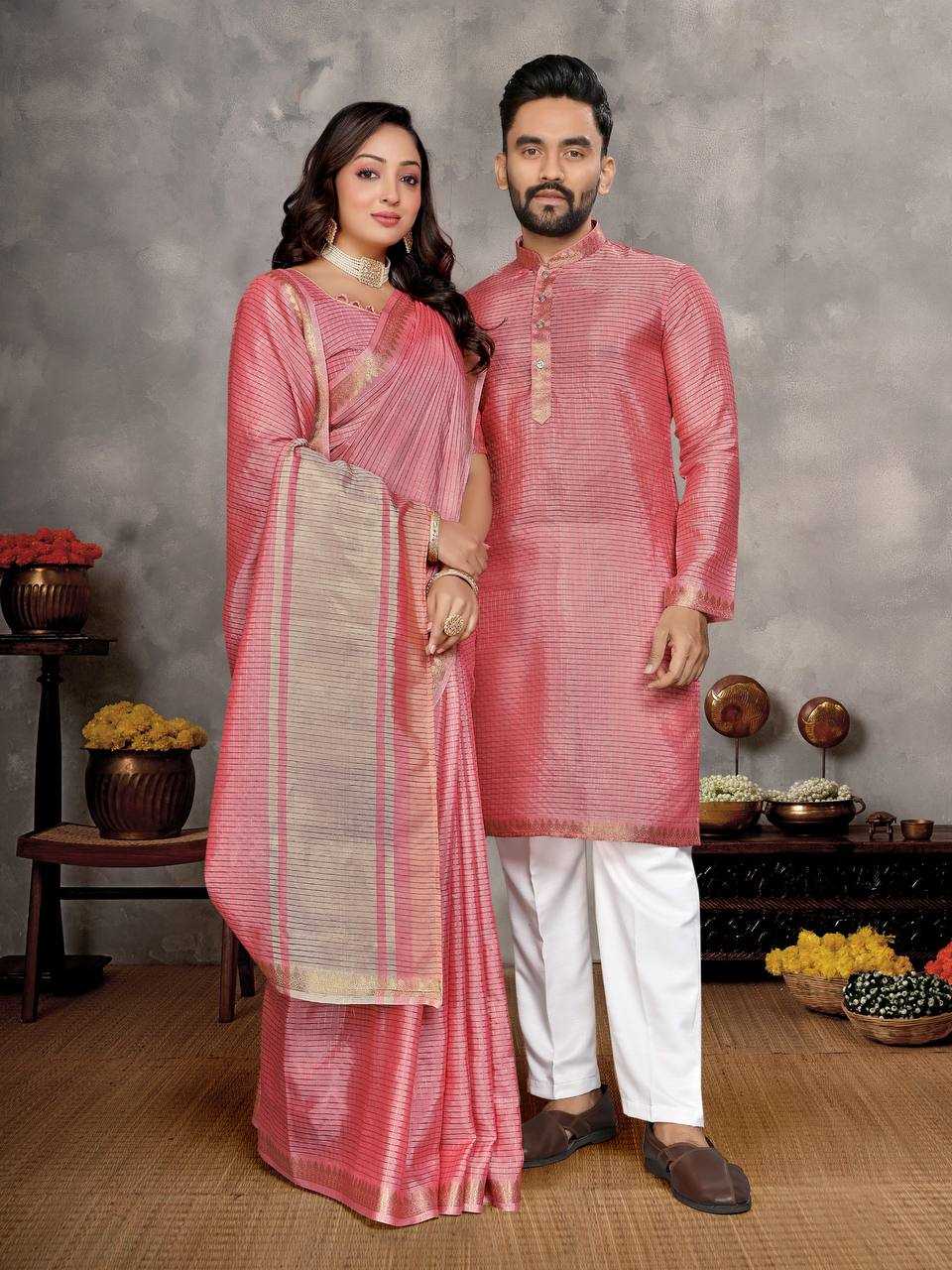 Ynf Jacquard KESH620 Man~Mohini-2 Couple Wear Wholesale Couple Matching Ethnic Outfits Couple Kurta Pajama and Saree Sets Party Wear Couple Ethnic Collection Manufacturer- Kapda Export