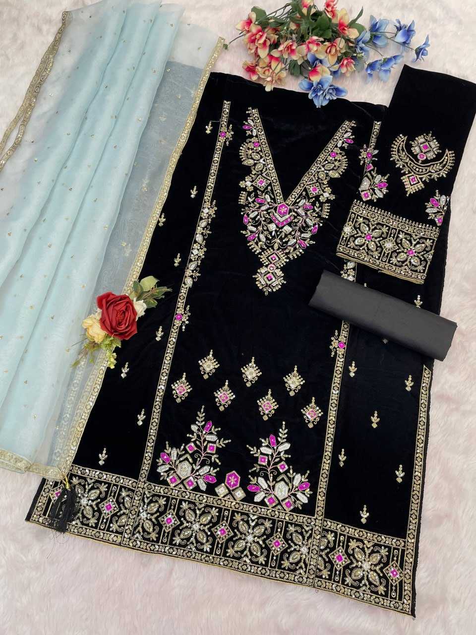 Ynf Velvet RIN131 TAWAKKAL 1320 Suits & Dresses Wholesale Unstitched Suits Velvet Suits Embroidery Suits Semi Stitched Suits Manufacturer- Kapda Export