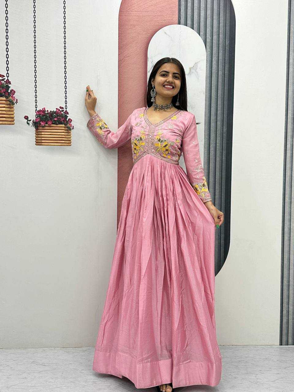 Ynf Chinon KESH496 542 Gowns Festive Collections Wholesale Embroidery Gowns Party Wear Gowns Fit And Flare Gowns Manufacturer- Kapda Export