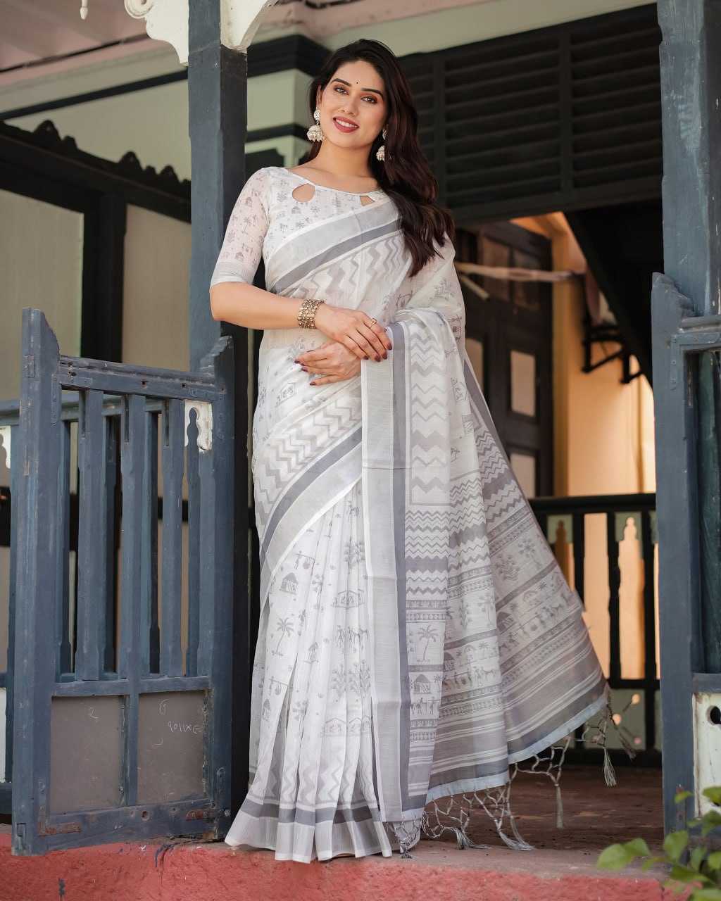 Ynf Cotton Linen KESH553 739 Sarees Wholesale Cotton Linen Sarees White Sarees Office Wear Sarees Manufacturer- Kapda Export