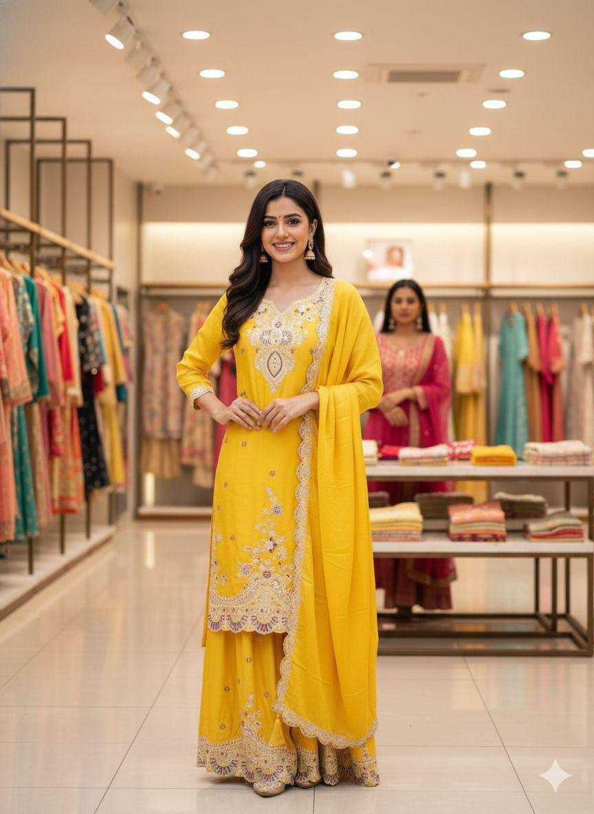 Ynf Chinon KESH678 2058 Suits & Dresses Wholesale Palazzo Suit Punjabi Suit Yellow Salwar Suit Manufacturer- Kapda Export