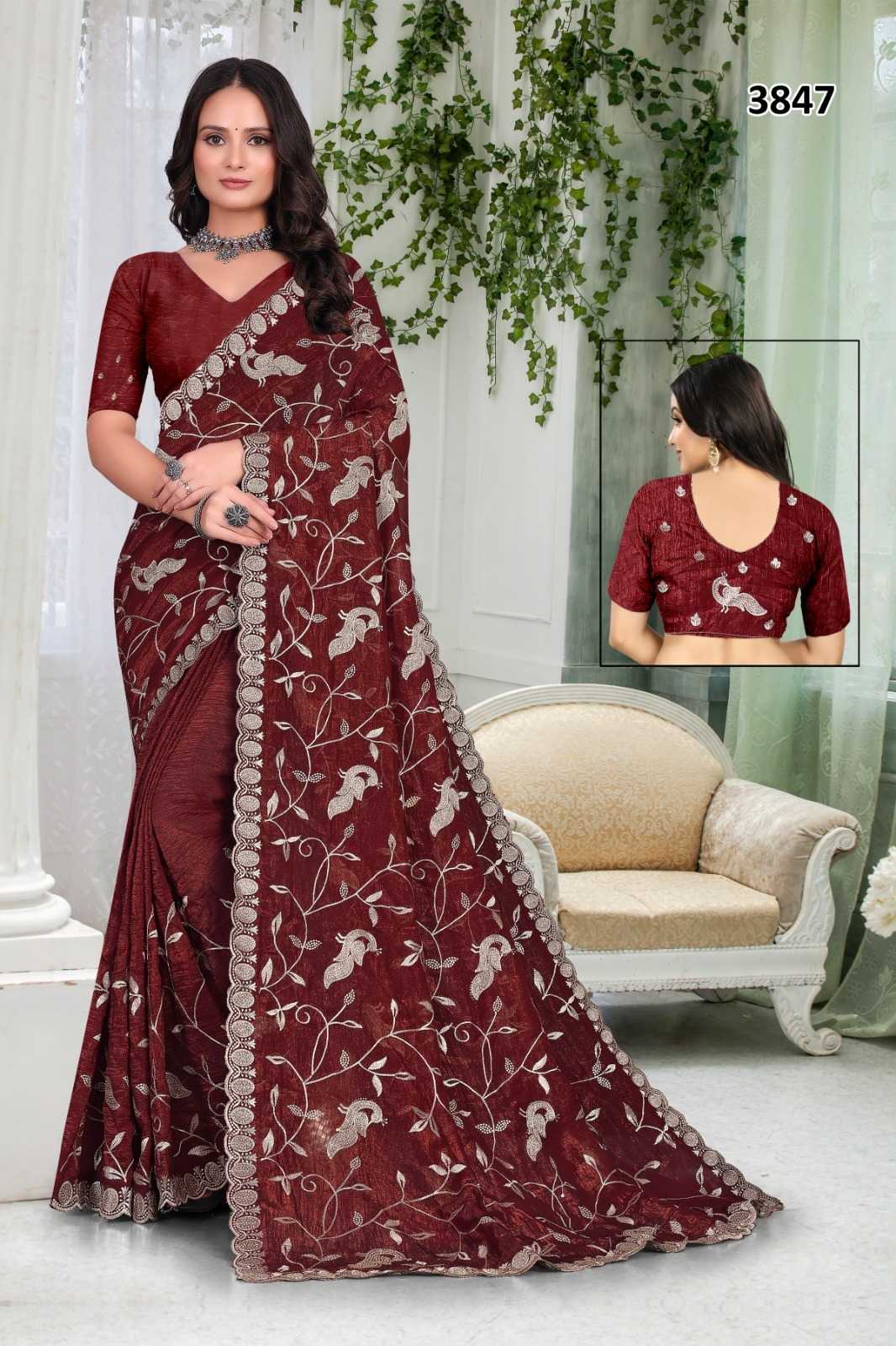 Ynf Crunchi KESH114 3847 Sarees Wholesale Embroidered Sarees Stone Work Saree Zari Border Sarees Manufacturer- Kapda Export