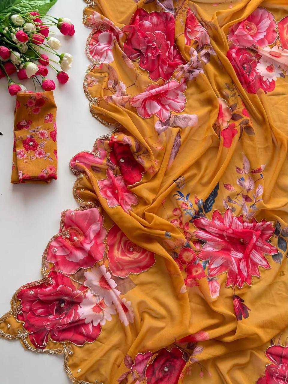 Ynf Georgette KESH518 4443 Sarees Wholesale Party Wear Sarees Hand Work Sarees Printed Georgette Saree Manufacturer- Kapda Export