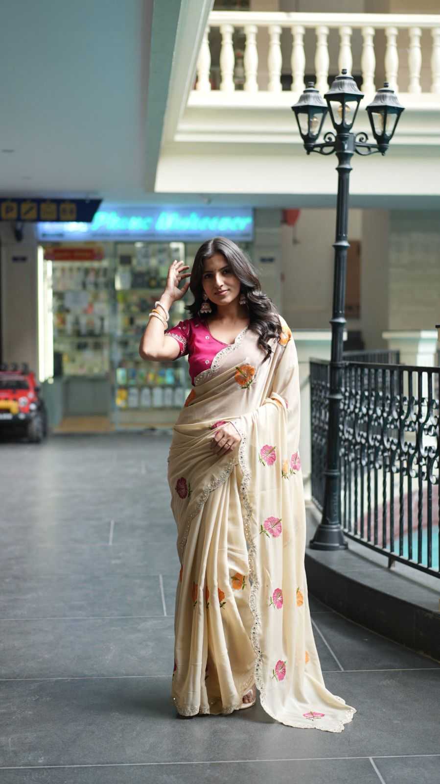 Ynf Georgette KESH682 Hibiscus Sarees Wholesale Fancy Sarees Embroidered Sarees Heavy Work Sarees Manufacturer- Kapda Export