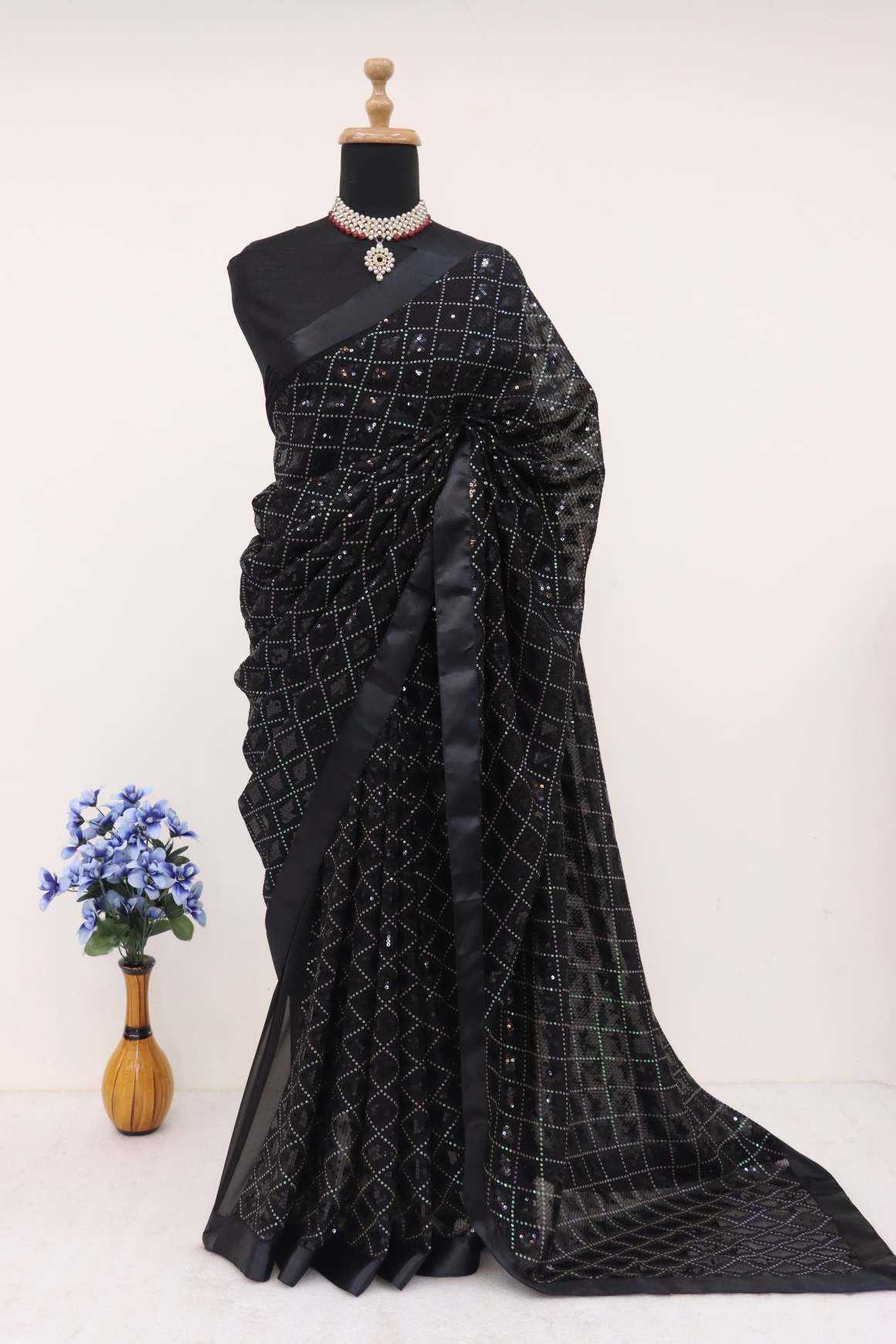 Ynf Georgette KESH689 802 Sarees Wholesale Party Wear Sarees Sequence Sarees Black Sarees Manufacturer- Kapda Export