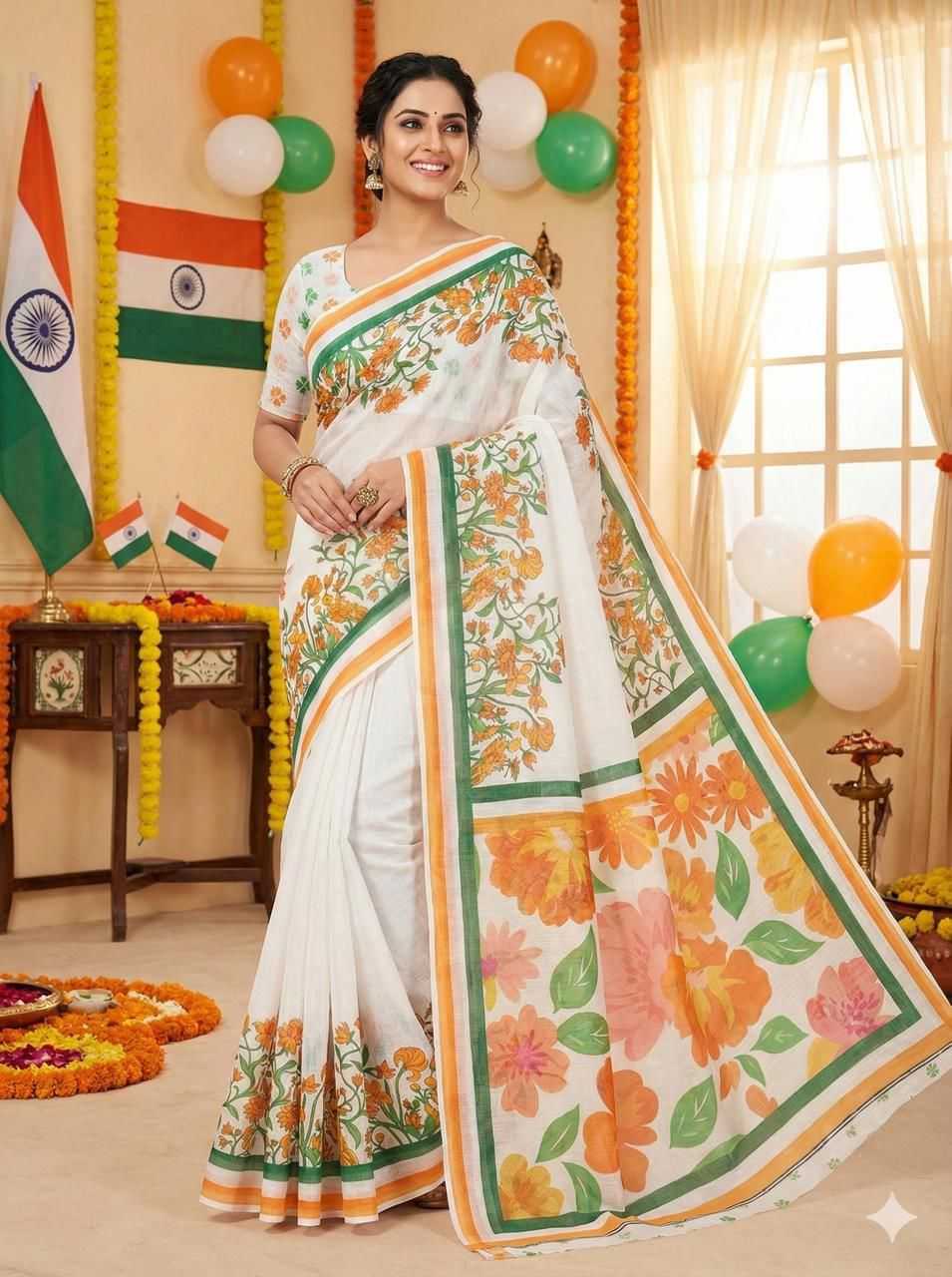 Ynf Linen KESH577 CM-REPUBLIC DAY Sarees Festive Collections Wholesale Printed Sarees Republic Day Collections Independence Day Collections Manufacturer- Kapda Export