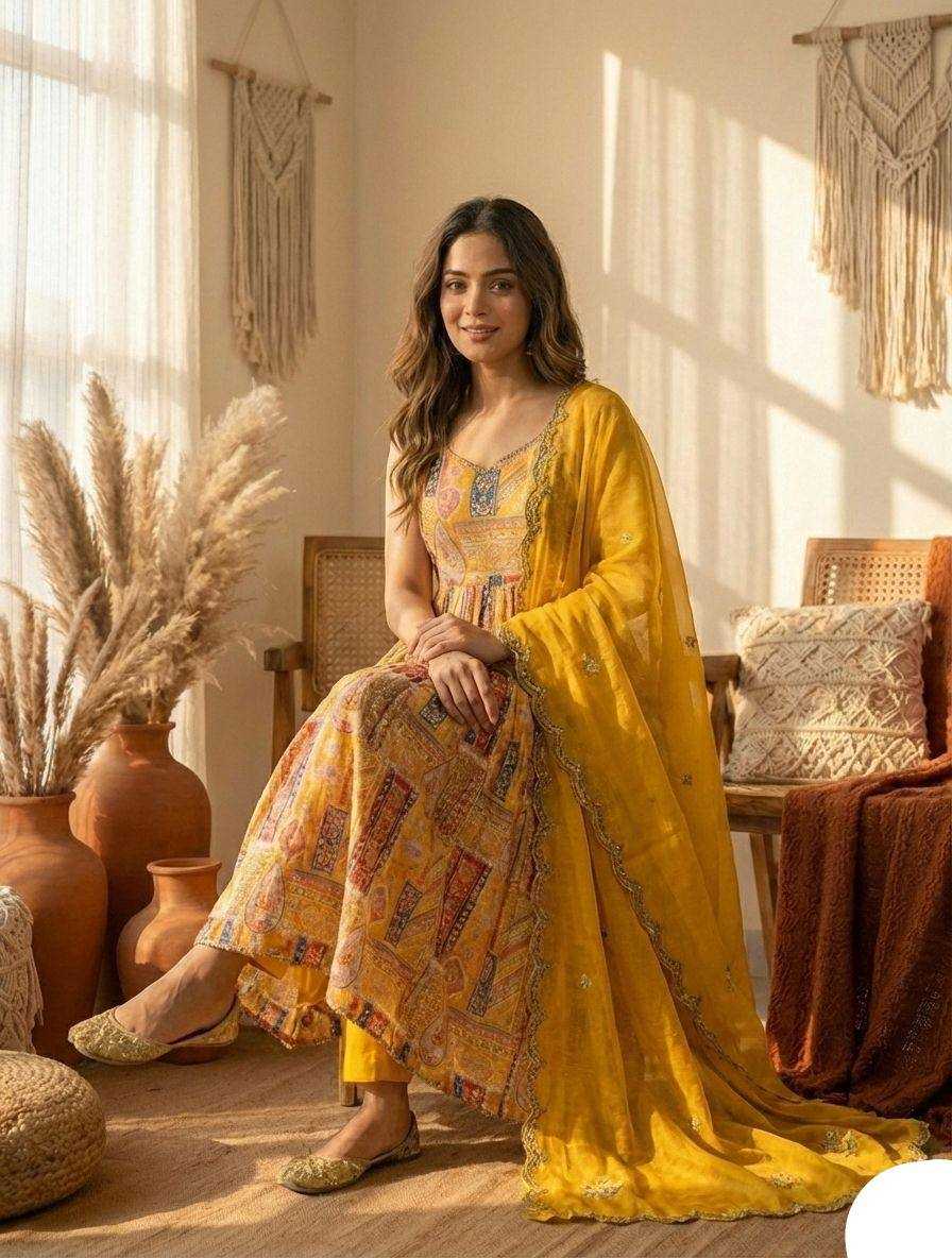 Ynf Satin KESH501 Yellow Suits & Dresses Wholesale Designer dresses Printed Dresses Embroidered Dresses Manufacturer- Kapda Export