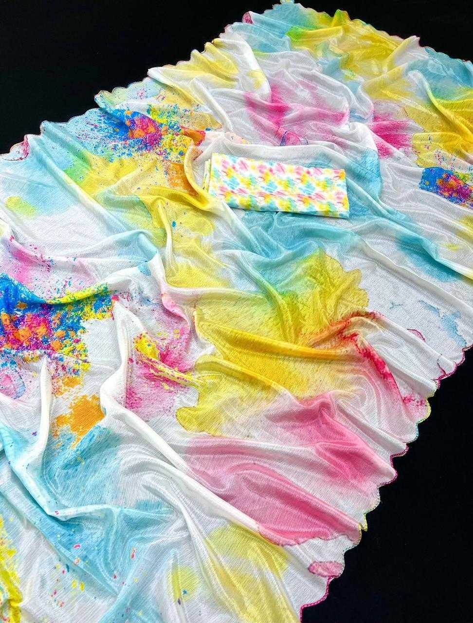 Ynf Chinon KESH681 HOLIRE Sarees Festive Collections Wholesale Printed Sarees White Sarees Holi Collections Manufacturer- Kapda Export