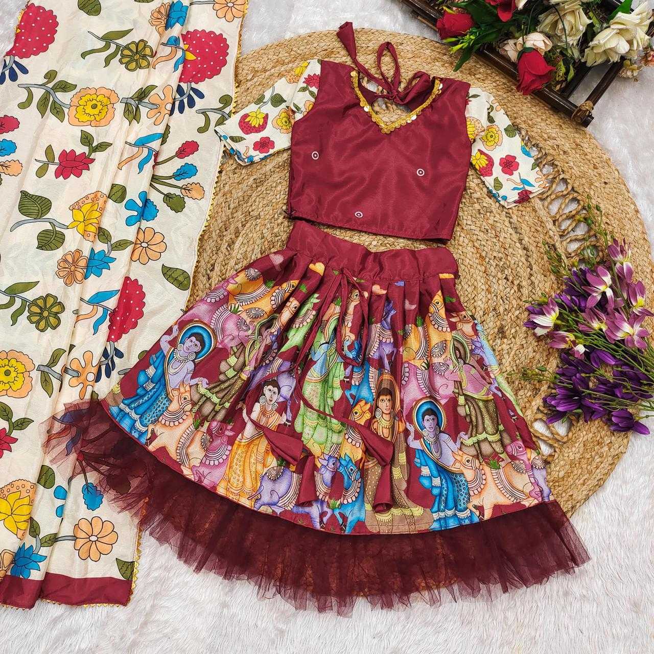 Ynf Chinon RIN235 Kalamkari Kids Wear Wholesale Kids Lehenga Kids Traditional Outfits Kids Party Wear Ethnic Manufacturer- Kapda Export