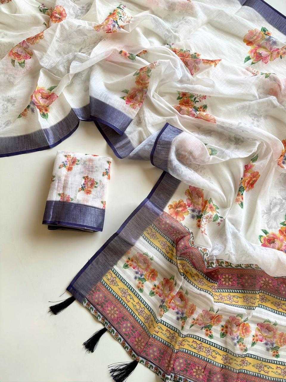 Ynf Linen KESH681 ZAMOI Sarees Wholesale Printed Sarees Linen Sarees Lightweight Sarees Manufacturer- Kapda Export