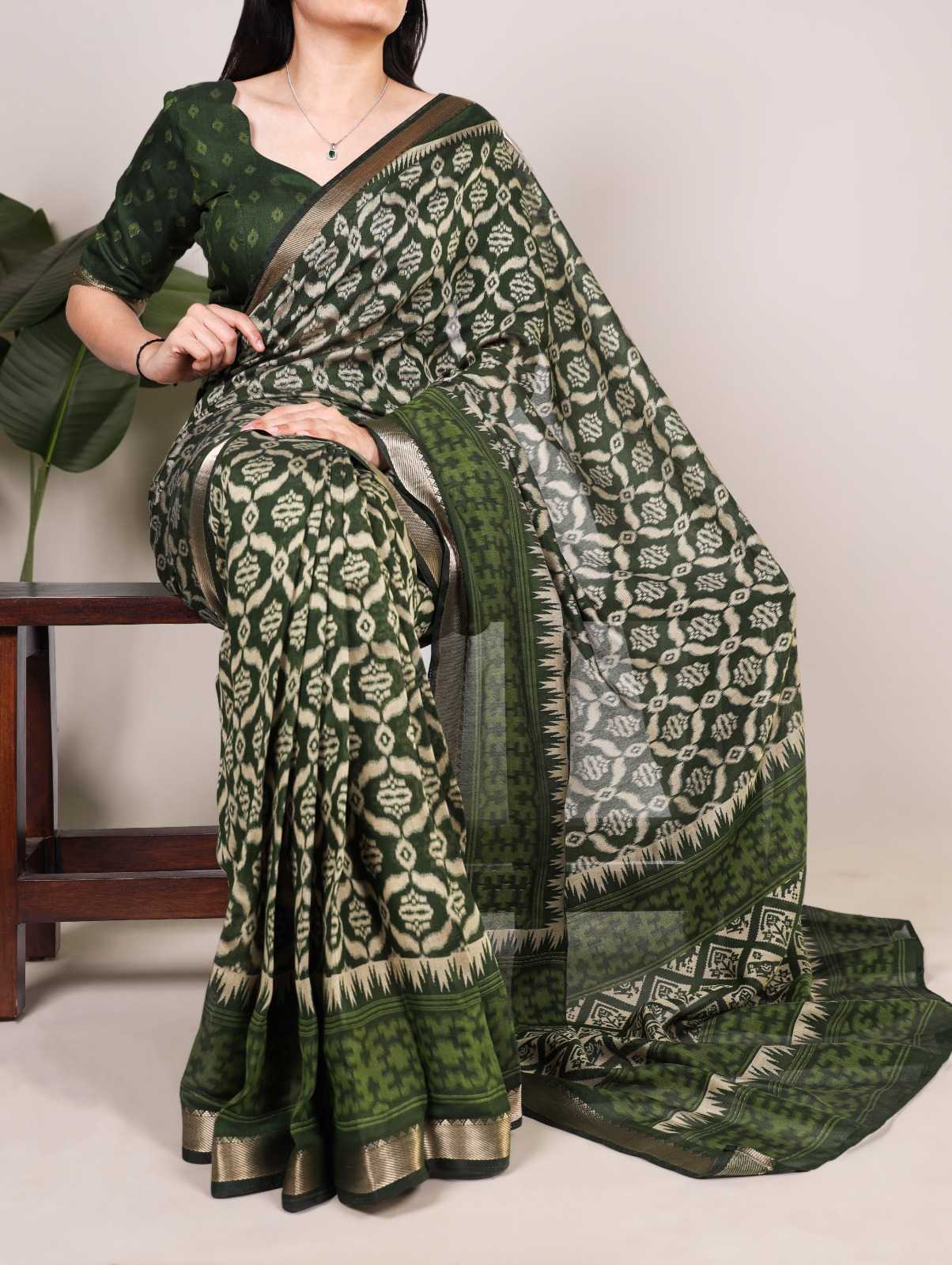 Ynf Viscose Chanderi KESH530 Classic Ikat Sarees Wholesale Designer Sarees Chanderi Sarees Zari Border Sarees Manufacturer- Kapda Export