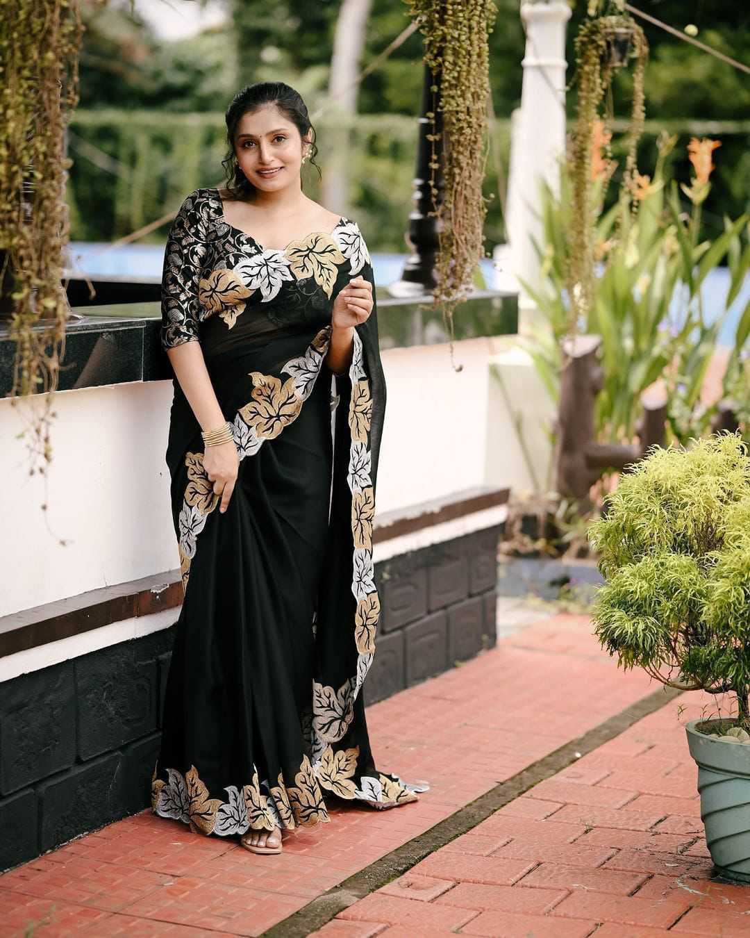 Ynf Chiffon KESH433 300 BLACK PAAN Sarees Wholesale Chiffon Sarees Embroidered Sarees Satin Sarees Manufacturer- Kapda Export