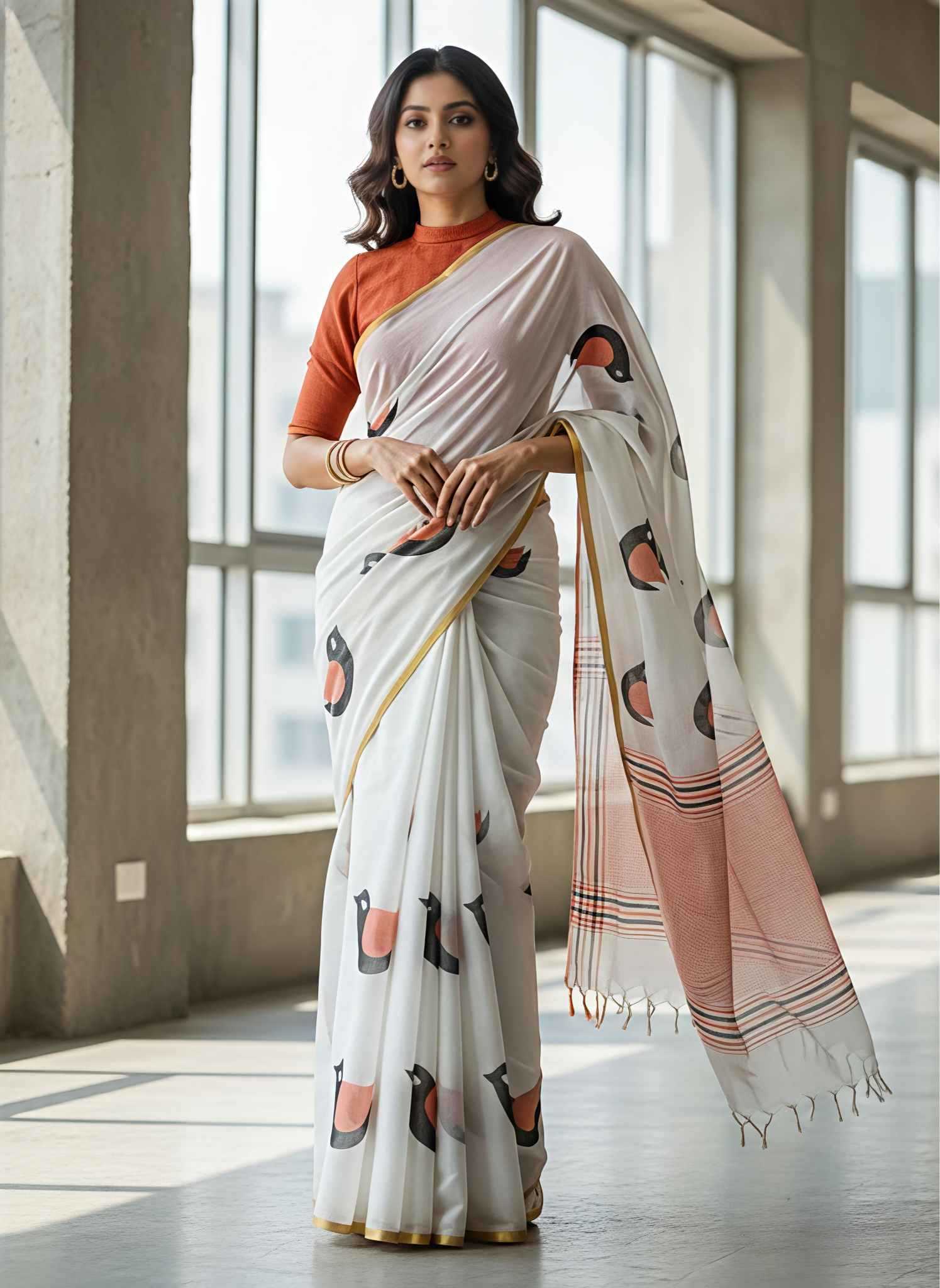 Ynf Linen KESH673 LAXMI BIRD* Sarees Festive Collections Wholesale Printed Sarees Linen Sarees Onam Collections Manufacturer- Kapda Export