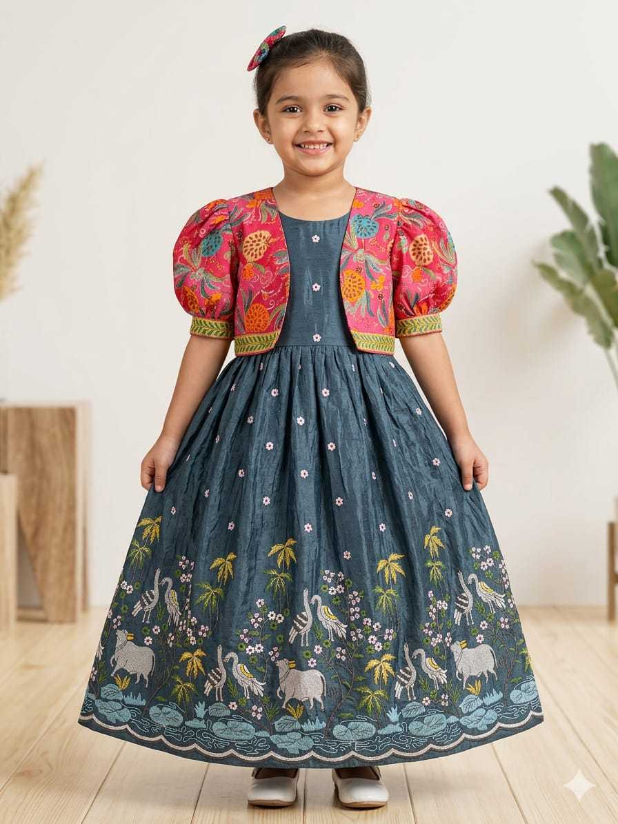 Ynf Crush Silk RIN235 Soft nylon Kids Wear Wholesale Kids Gown Embroidered Frock Kids Designer Frock Manufacturer- Kapda Export