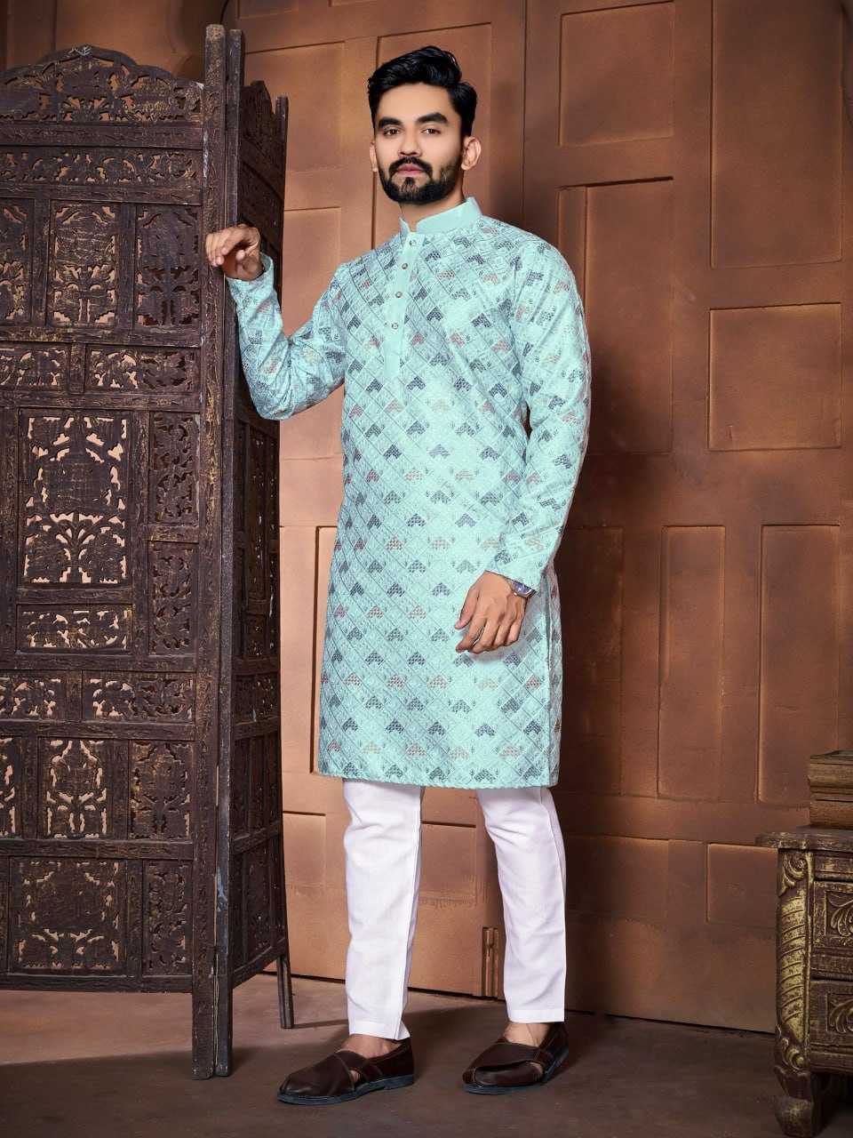 YNF ITALIAN SILK RIN111 MAHARAJA MENS WEAR WHOLESALE MENS KURTA PYJAMA SILK KURTA EMBROIDERED KURTA PYJAMA MANUFACTURER