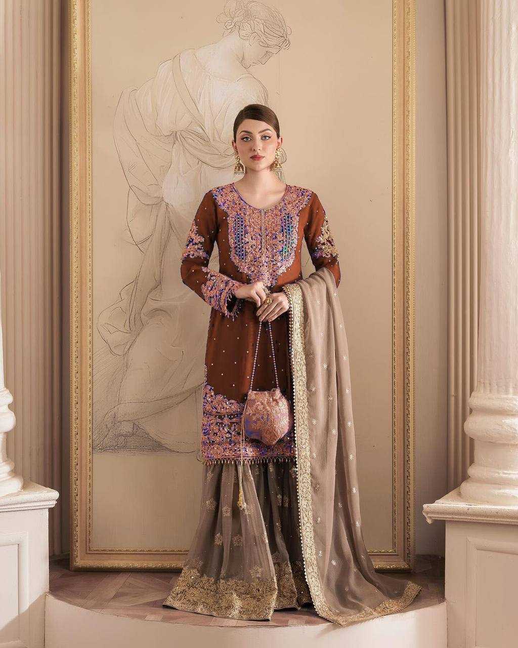YNF GEORGETTE RIN133 1486 SUITS & DRESSES WHOLESALE GEORGETTE EMBROIDERY SHARARA SALWAR MAROON SALWAR SUITS MANUFACTURE- Kapda Export