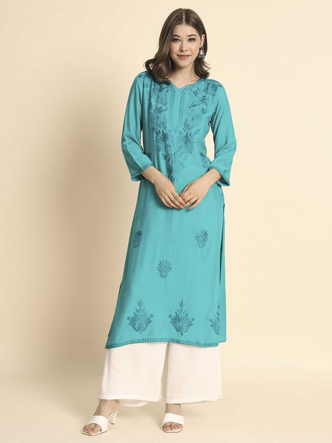 YNF RAYON RIN188 Adipurush KURTIS WHOLESALE LONG RAYON CHIKANKARI KURTIS MANUFACTURER- Kapda Export