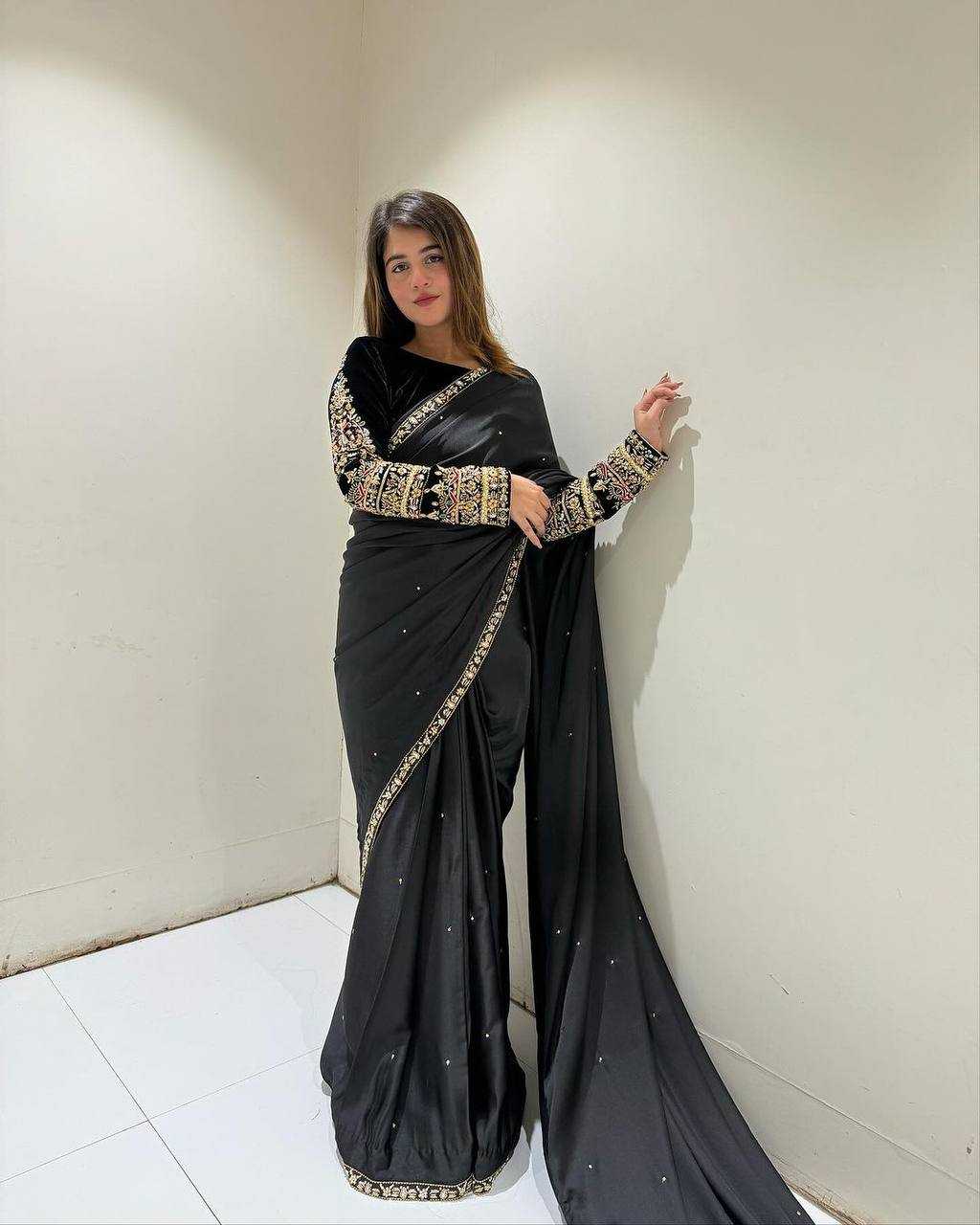 YNF VELVET RIN181 403 SAREES WHOLESALE PARTY WEAR VELVET EMBROIDERED BLACK SAREES MANUFACTURER