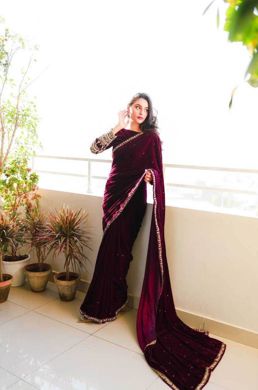 YNF VELVET RIN181 403 SAREES WHOLESALE PARTY WEAR VELVET EMBROIDERED BLACK SAREES MANUFACTURER