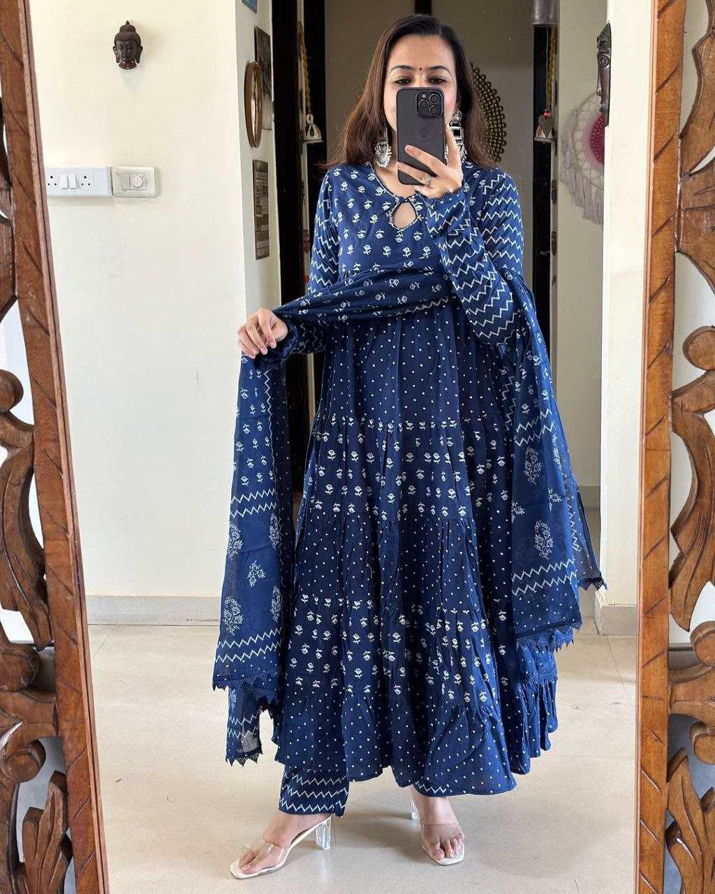 YNF BLUE KESH120 HAND KHATLI Work SUITS & DRESSES WHOLESALE PRINTED COTTON ANARKALI BLUE SUITS MANUFACTURE- Kapda Export