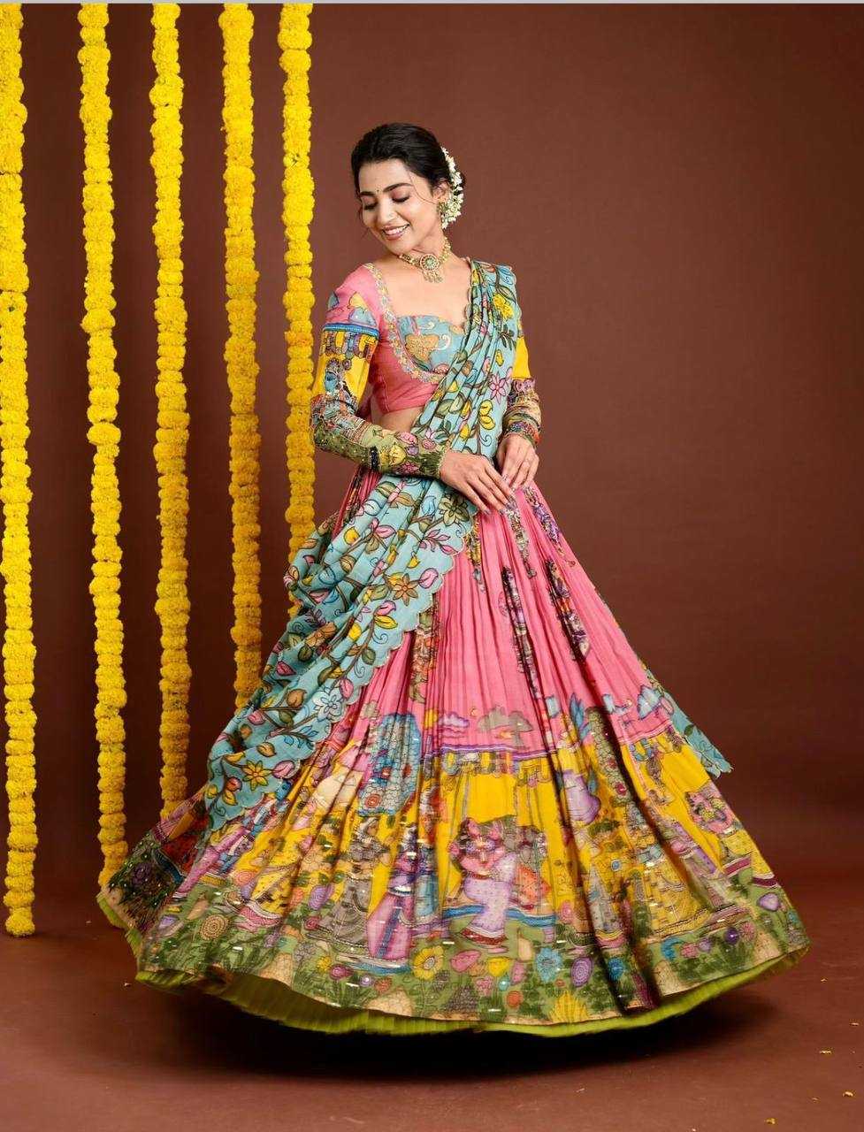 YNF CHENT CREPE KESH119 462 LEHENGAS WHOLESALE KALAMAKRI TRADITIONAL PRINTED LEHENGAS MANUFACTURER- Kapda Export