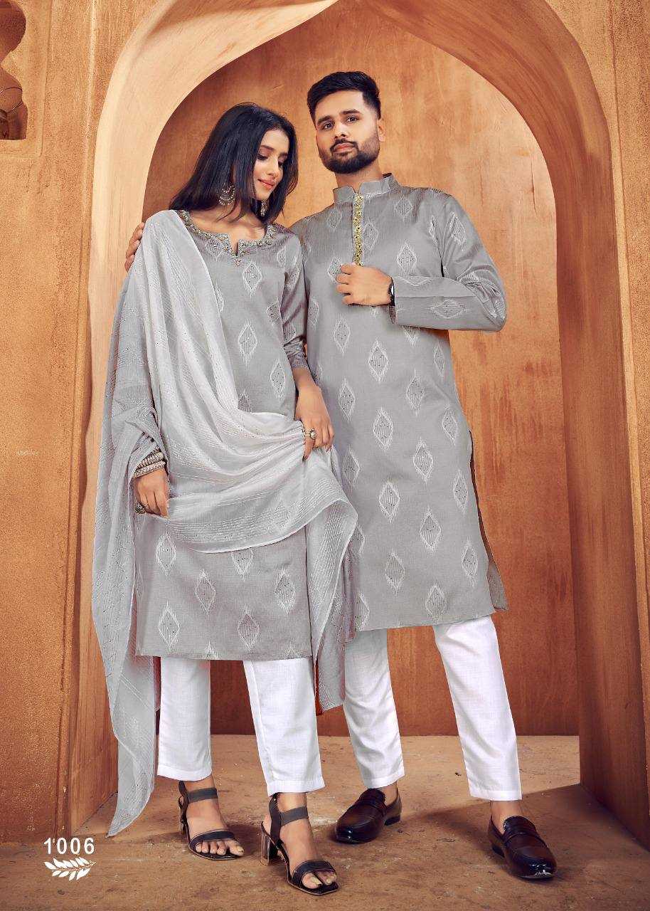 YNF COTTON RIN131 11 COUPLE WEAR WHOLESALE MENS KURTA PAYJAM & FEMALE KURTIS BOTTOM MANUFACTURER- Kapda Export