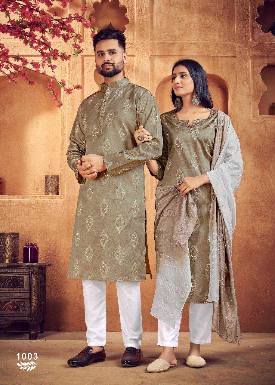 YNF COTTON RIN131 11 COUPLE WEAR WHOLESALE MENS KURTA PAYJAM & FEMALE KURTIS BOTTOM MANUFACTURER- Kapda Export