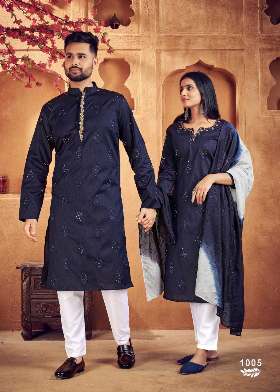 YNF COTTON RIN131 11 COUPLE WEAR WHOLESALE MENS KURTA PAYJAM & FEMALE KURTIS BOTTOM MANUFACTURER- Kapda Export