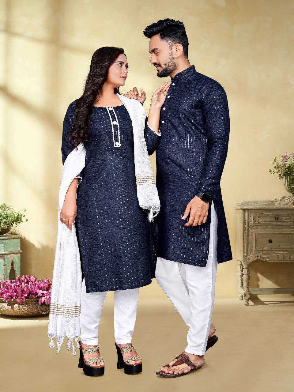 YNF COTTON RIN173 SNX01 COUPLE WEAR WHOLESALE MENS KURTA PAYJAM & FEMALE KURTIS BOTTOM MANUFACTURER- Kapda Export